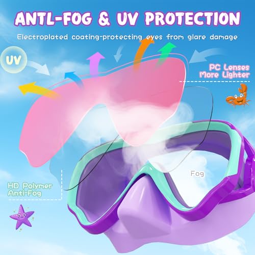 VegoVia Kids Swim Goggles with Nose Cover, Anti-Fog, UV Protection, Purple-Green & Pink Lenses