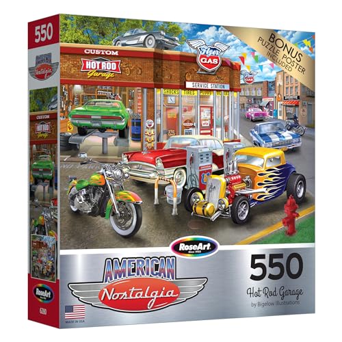 RoseArt American Nostalgia Hot Rod Garage 550 Piece Jigsaw Puzzle - Retro Car Scene