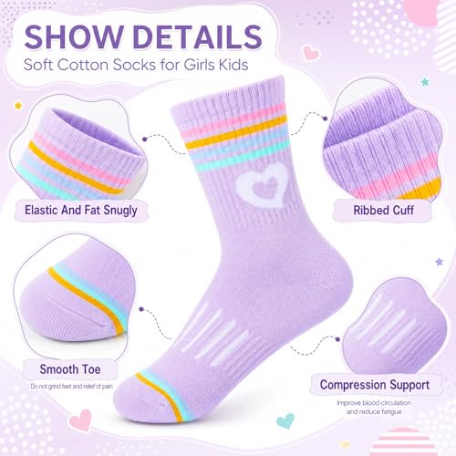 Girls Athletic Crew Socks - 6 Pairs for 9-15 Years, Colorful Set