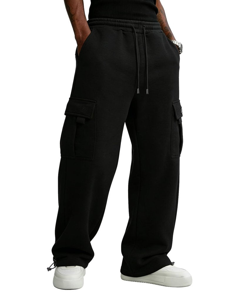 PIDO YOGA Men's Cargo Sweatpants Cotton Fleece Loose Fit Casual Jogging Hiking Pants Open Bottom Sweatpants for Men Athletic Workout with Pockets,Black
