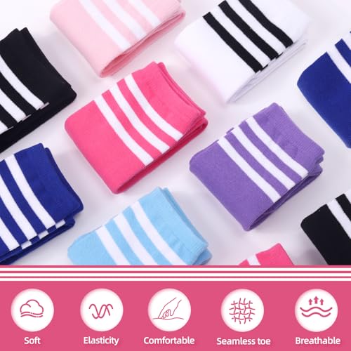 Kids Knee High Soccer Socks - 4 Pairs in Black, Purple, Pink, Blue - Seamless Toe