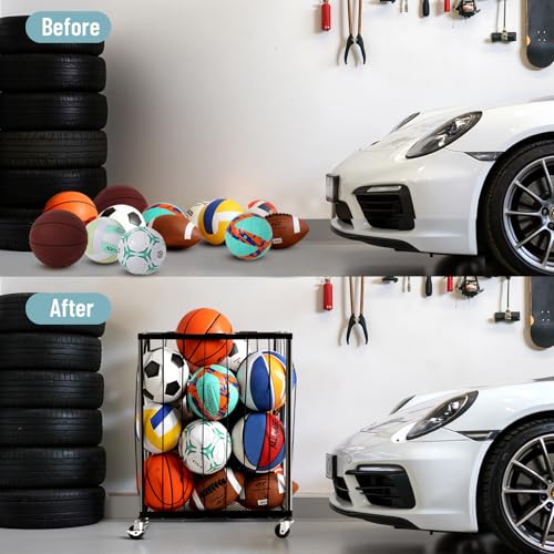 Ball Storage Rack with Rolling Wheels, Holds 12-15 Balls