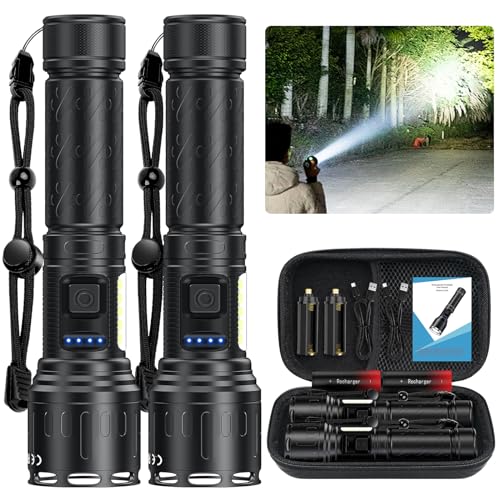 Rechargeable Magnetic Flashlights High Lumens, Super Bright LED Powerful Flashlight 8 Modes with COB Work Light, Waterproof Handheld Flash Light for Camping (2 Pc with Leather Box, Black)