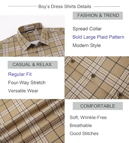 Boys Button Down Short Sleeve Plaid Dress Shirt - Khaki, 10 Years