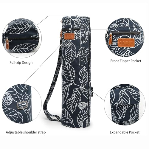 Yoga Mat Bag - Full-Zip Canvas Carrier with Pockets - Navy Blue Leaf