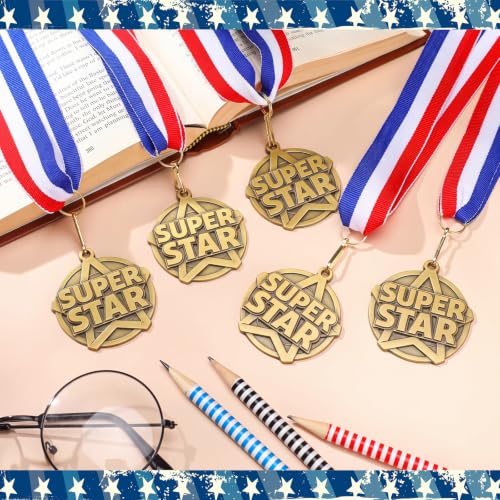30 Pcs 2" Gold Super Star Medals with Neck Ribbons - Awards