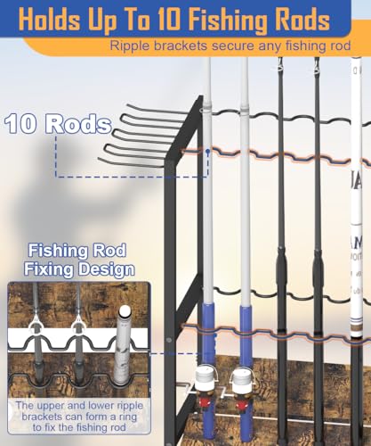 Tigerden Black Fishing Rod Holder for Garage - 4 Tier Multi-Use Storage Rack for Up to 10 Rods