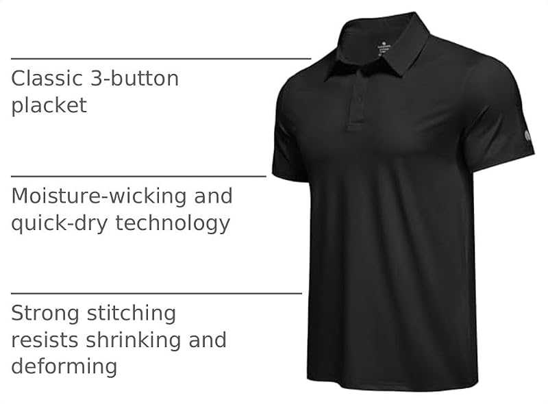 Men's Golf Polo Shirt - UPF 50+ Moisture Wicking - Large, Black