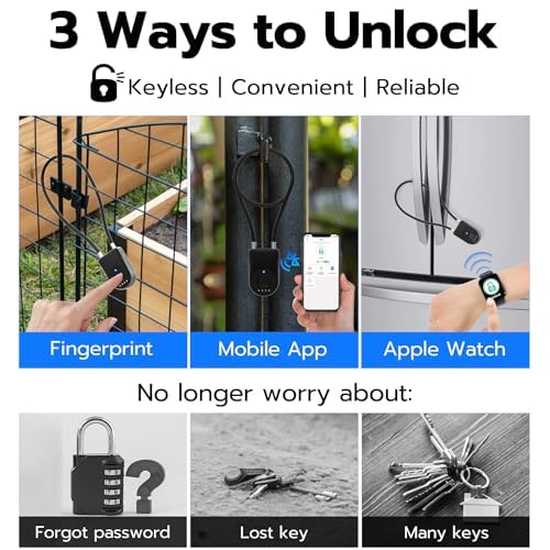 Anweller Fingerprint Cable Lock, 14" Long Shackle Small Padlock, Keyless Entry Biometric Bluetooth Smart Waterproof Combination Pad Lock for Gate Outdoor Fence Fridge Cabinet Locker Pool Bike - Black