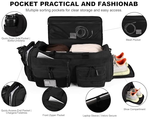 LHI 50L Tactical Duffle Bag for Men - Black, 3-in-1 Gym, Travel & Backpack