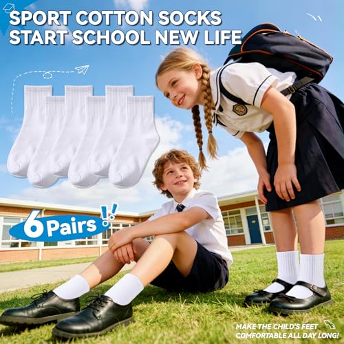 Eyean Kids Athletic Crew Socks 13-15 Years White 6 Pairs - Boys Girls Cotton School Uniform
