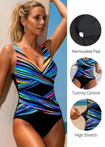 ROSEWE Rainbow Stripe Large Tummy Control One-Piece Swimsuit for Women