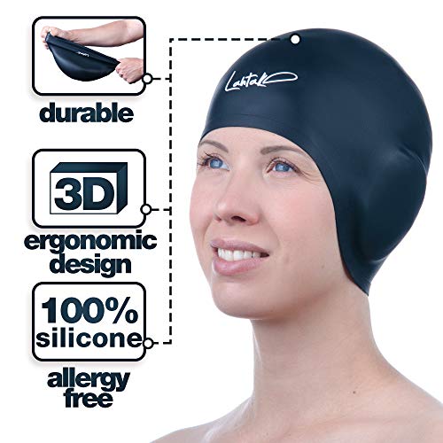 Lahtak Black 3D Silicone Swim Cap with Ear Protection for Adults & Teens