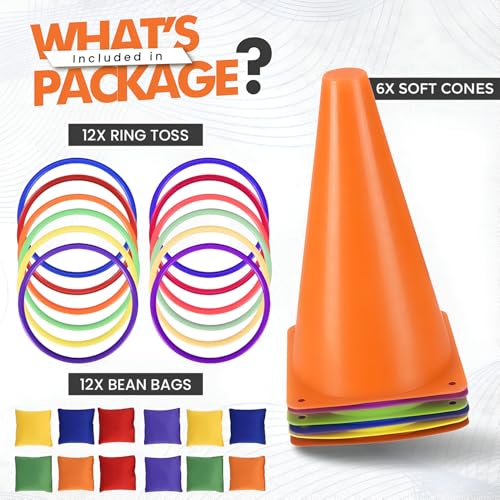 3-in-1 Ring Toss Game Set with 12 Rings, 12 Bean Bags & 6 Cones | Outdoor Carnival Yard Family Fun