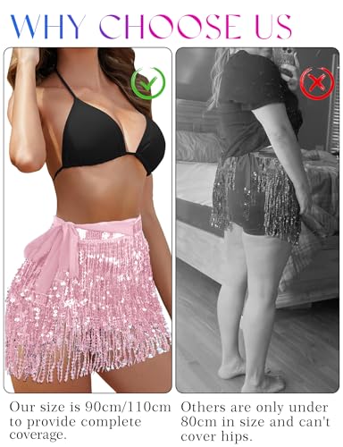 Sequin Tassel Skirt Belly Dance Hip Scarf Wrap - Pink Medium