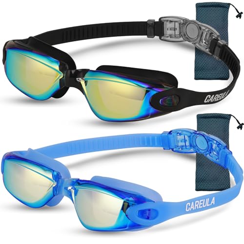Careula Kids Swim Goggles 2 Pack for Ages 3-8 Anti-Fog Child Pool Goggles - Black & Blue Aqua