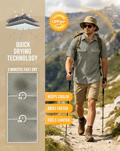 33,000ft Men's UPF 50+ UV Short Sleeve Hiking Shirt Gray Green Large - Quick Dry Sun Protection