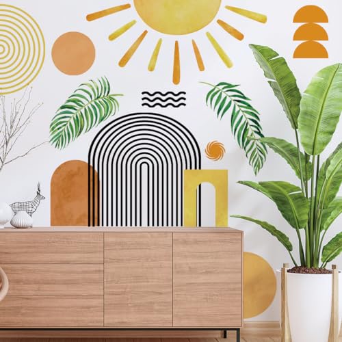 Creative Boho Half Sun Wall Decals Abstract Line Rainbow Wall Sticker DIY Removable Sun Minimalist Aesthetic Tropical Leaf Flowers Painting Decor for Kids Girls Bedroom Living Room Nursery Decoration