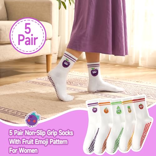 Non-Slip Pilates Socks for Women - Cute Fruit Pattern, 5 Pairs - Red, Purple, Yellow, Orange, Green