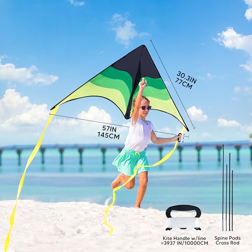 Large Delta Kite - Gradient Green with 328 ft String - Easy to Fly