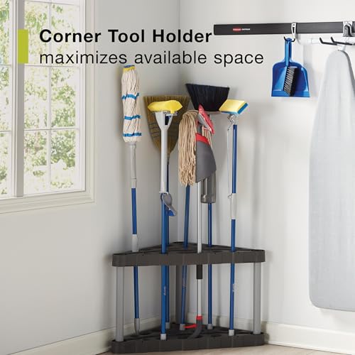 Rubbermaid Plastic Garage Corner Tool Tower Rack, Easy to Assemble, Organizes up to 30 Long-Handled Tools/Rakes/ Brooms/Shovles for Home/House/Outdoor/Sheds