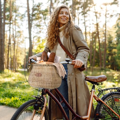 Brown Wicker Bike Basket Front with Cup Holder for Women & Men - Retro Style