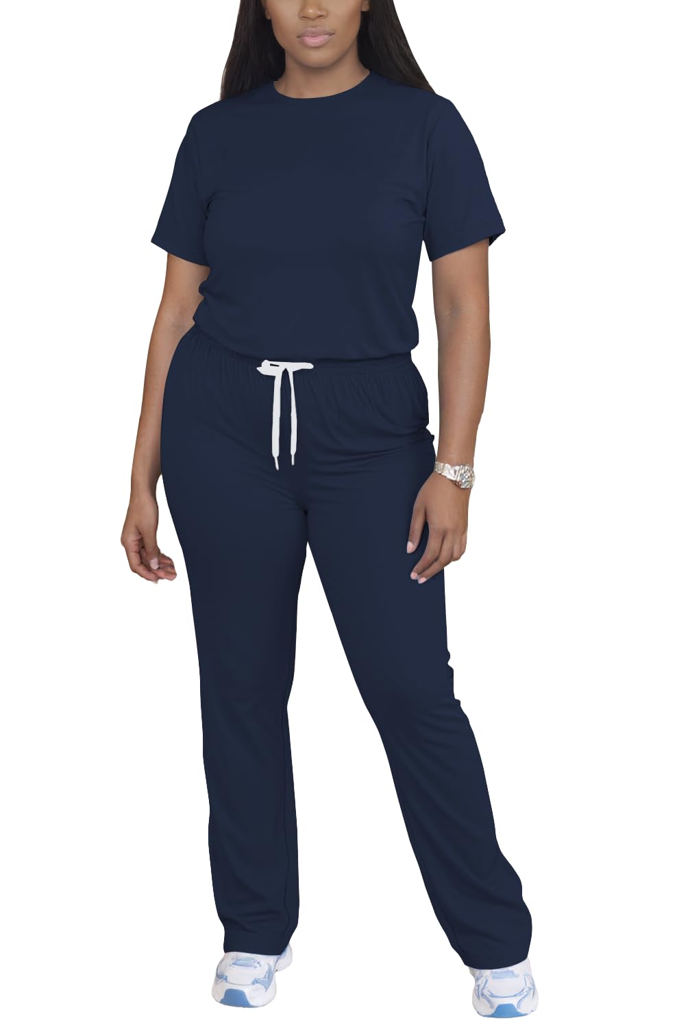 PINSV Women 2 Piece Outfits Short Sleeve Tops and Long Pants Tracksuit Workout Lounge Sets Navy Blue XL