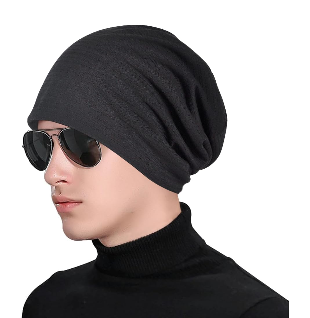 WULIQIUQIU Womens Chemo Beanie Hat Cancer Cap Stretch Slouchy Turban Headwear U-Black+Beige