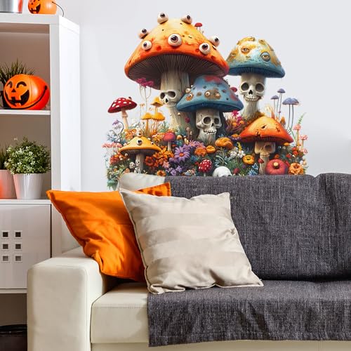 Halloween Mushroom Wall Stickers Removable Floral Skull Wall Decals for Kids Bedroom Nursery Living Room TV Wall Decor