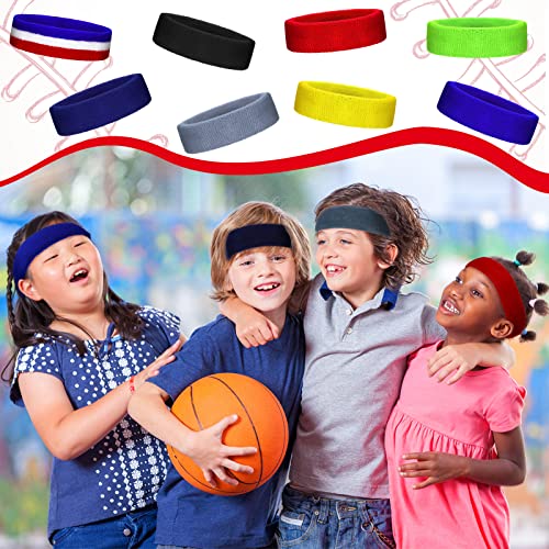 Kids Sports Headbands - 8 Bright Elastic Sweatbands for Youth & Teens