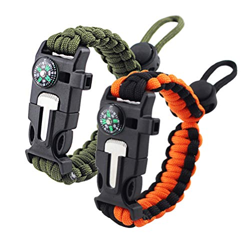 Survival Paracord Bracelet with Fire Starter & Compass - Army Green & Black Orange