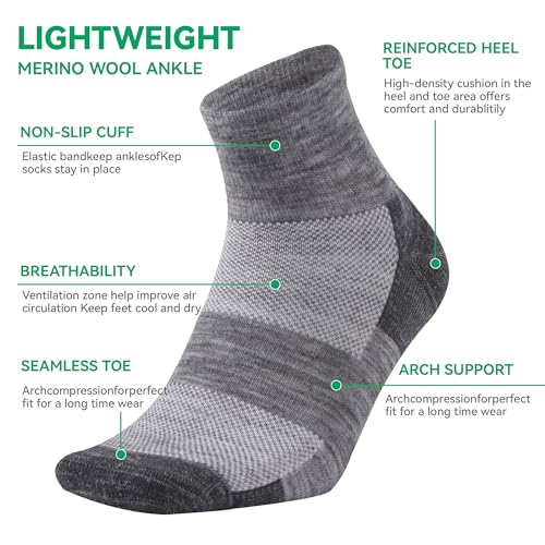 Men Women Medium Grey 3 Pairs Merino Wool Ankle Socks All-Season Breathable
