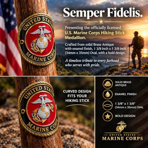 U.S. Marine Corps Hiking Stick Medallion - Brass Enamel Badge for Trekking Poles