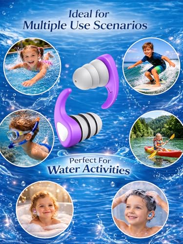 Kids Swimming Ear Plugs - 3 Pairs Waterproof Silicone - Pink, Purple, Orange