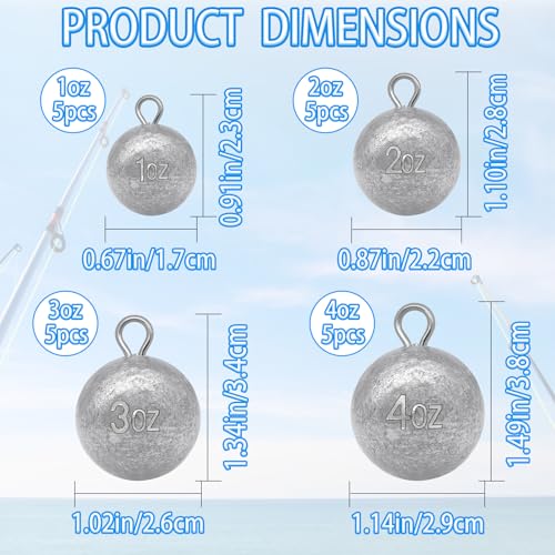 1oz Fishing Round Cannonball Lead Weights - 5 Pcs Assortment