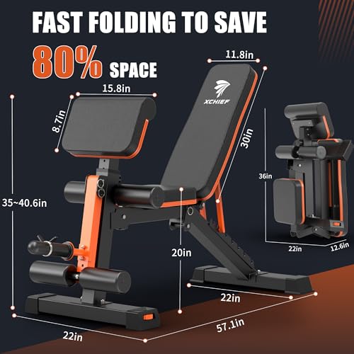 Adjustable Weight Bench - 1000LBS Capacity, Foldable Heavy Duty with Preacher Pad & Leg Extension - Orange Black