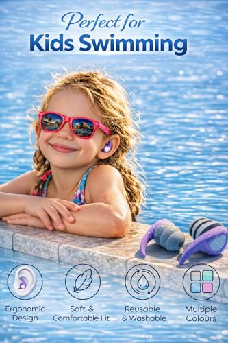 Kids Swimming Ear Plugs - 3 Pairs Waterproof Silicone - Pink, Purple, Orange