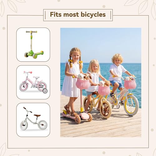 Pink Kids Bike Basket Wicker Bicycle Front Basket for Girls & Boys