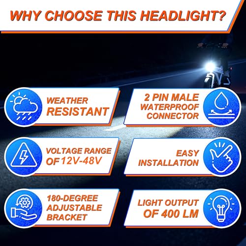 Zaisport 2 Pin Male Electric Bicycle Headlight Connector - 400 Lumens, 24V-48V Compatible