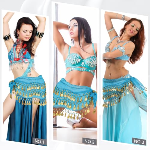 Belly Dance Hip Scarf - 3-Layer Gold Coin Design - Lake Blue
