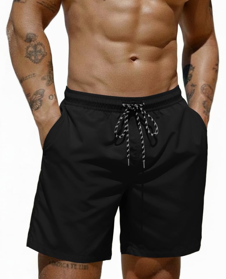 COOFANDY Men's 7 Inch Black Swim Trunks with Mesh Liner, Large