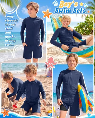 Boys Rash Guard Swim Set with Swim Trunks - 9-10 Years Navy Blue