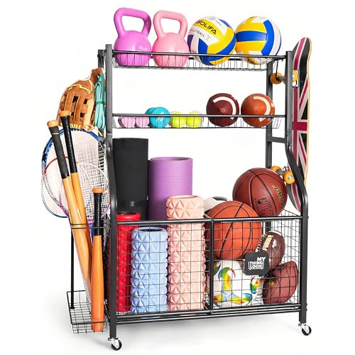 Rolling Sports Equipment Organizer with Bins and Hooks