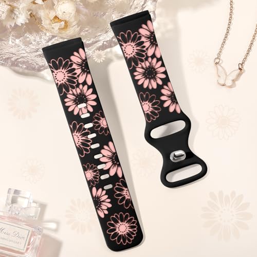 Sunflower Engraved Watch Band for Fitbit Sense/Sense 2/Versa 3/4 - Black/Pink