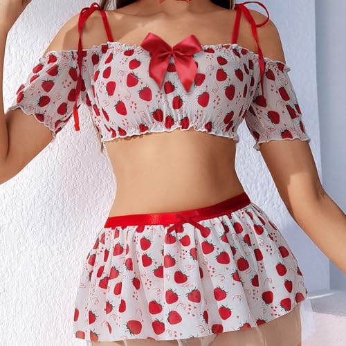 Kawaii Strawberry Print Lingerie Set for Women - Red, X-Large