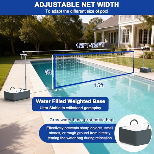 Solar-Powered Pool Volleyball Net Set with LED Lights - Adjustable 15-32FT