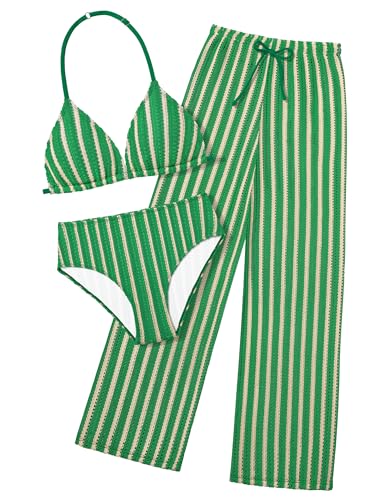 Girls V-Neck Halter Backless 3-Piece Bikini Set with Cover-Up - Green, 11-12 Years
