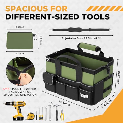 Goovilla Tool Bag 15.5 Inch with 1 Pouch | 17-Pocket Portable Tool Box Organizer Storage with Adjustable Strap, Soft Handle and Durable Zipper | Heavy Duty Tool Bags for Men, Father¡¯s Day (Green)