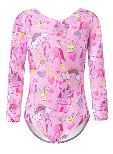Long Sleeve Gymnastics Leotard for Girls - Sparkly Pink Castle, 3-4T