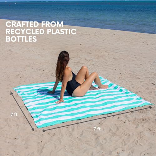 Teal & Stripes Extra Large Beach Picnic Blanket 7x7 ft Sandproof Waterproof Windproof with Umbrella Hole
